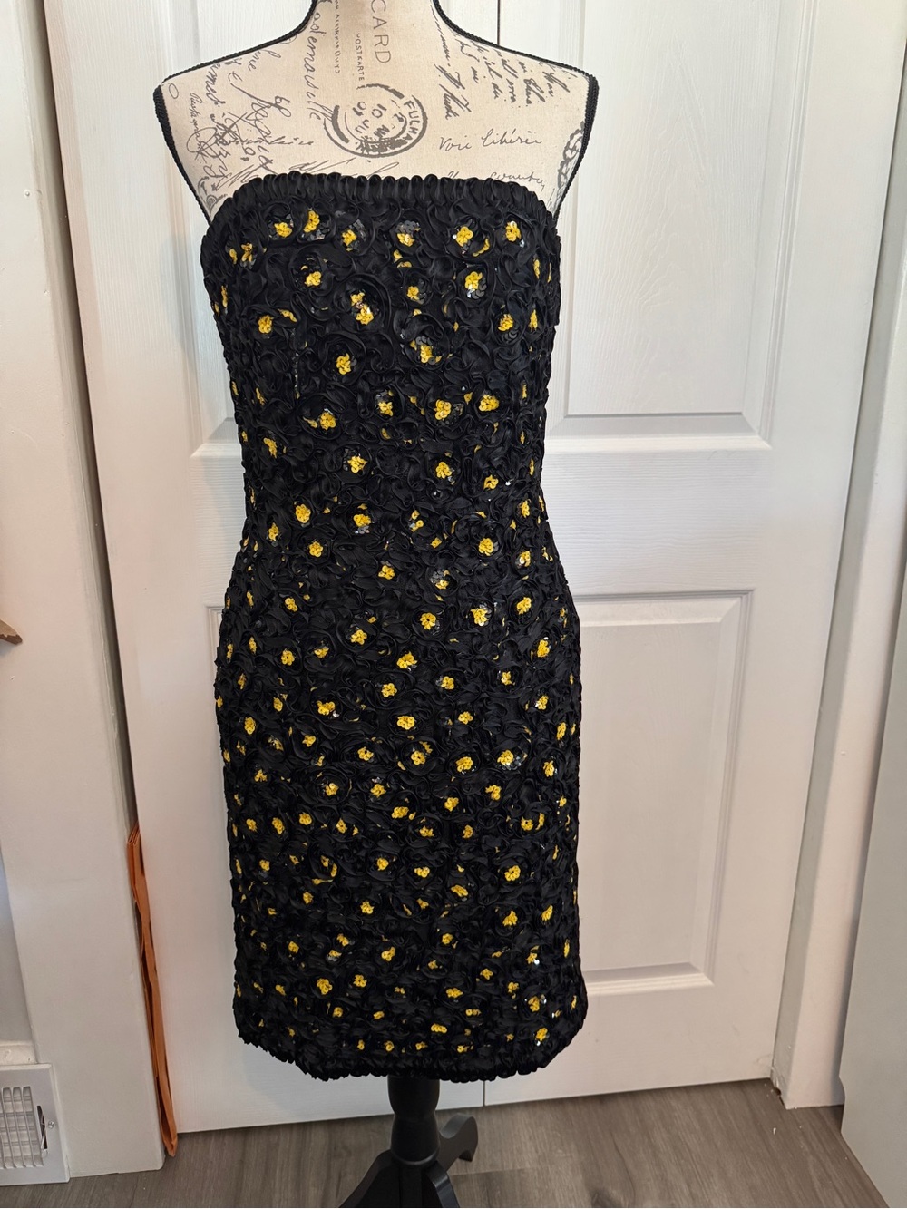 Victor Costa Strapless Black Dress with Yellow Rosettes